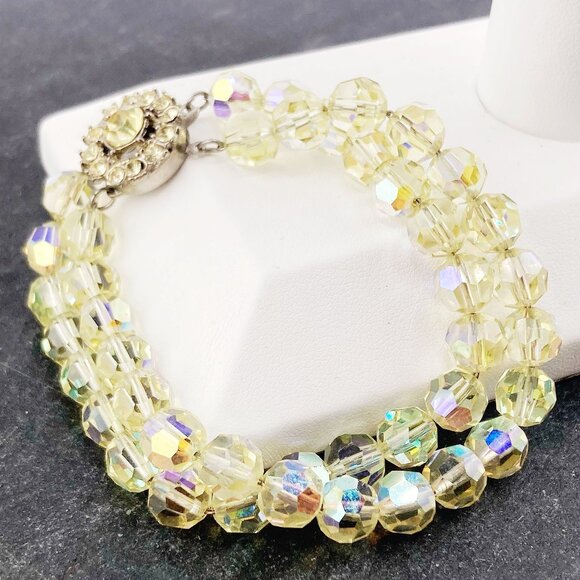 VINTAGE Yellow peridot green AB coated double-strand glass beaded bracelet - Picture 5 of 8